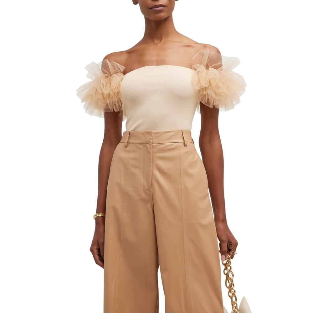 Autumn Cashmere Ruffled Tan Tulle Off The Shoulder Knit Top Size L